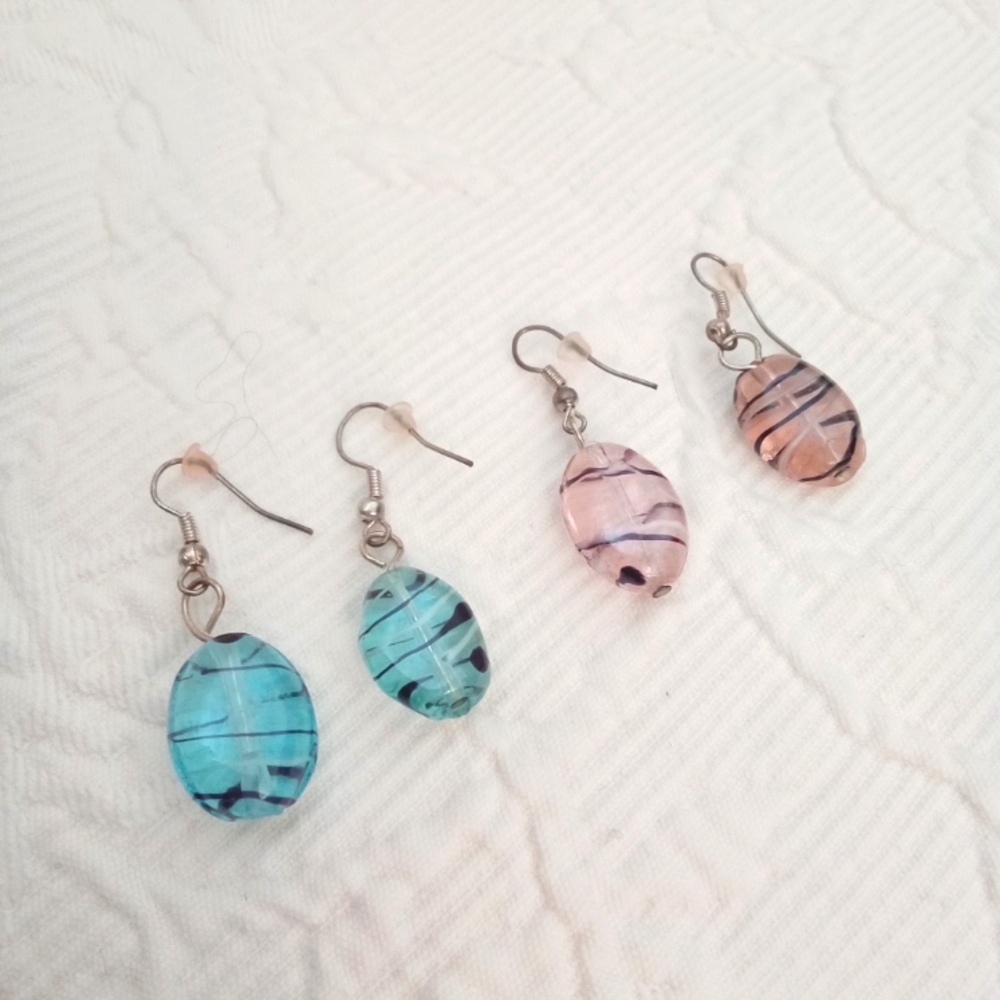 2 Pairs Blue & Pink Swirl Artisan Handmade Glass Drop Earrings